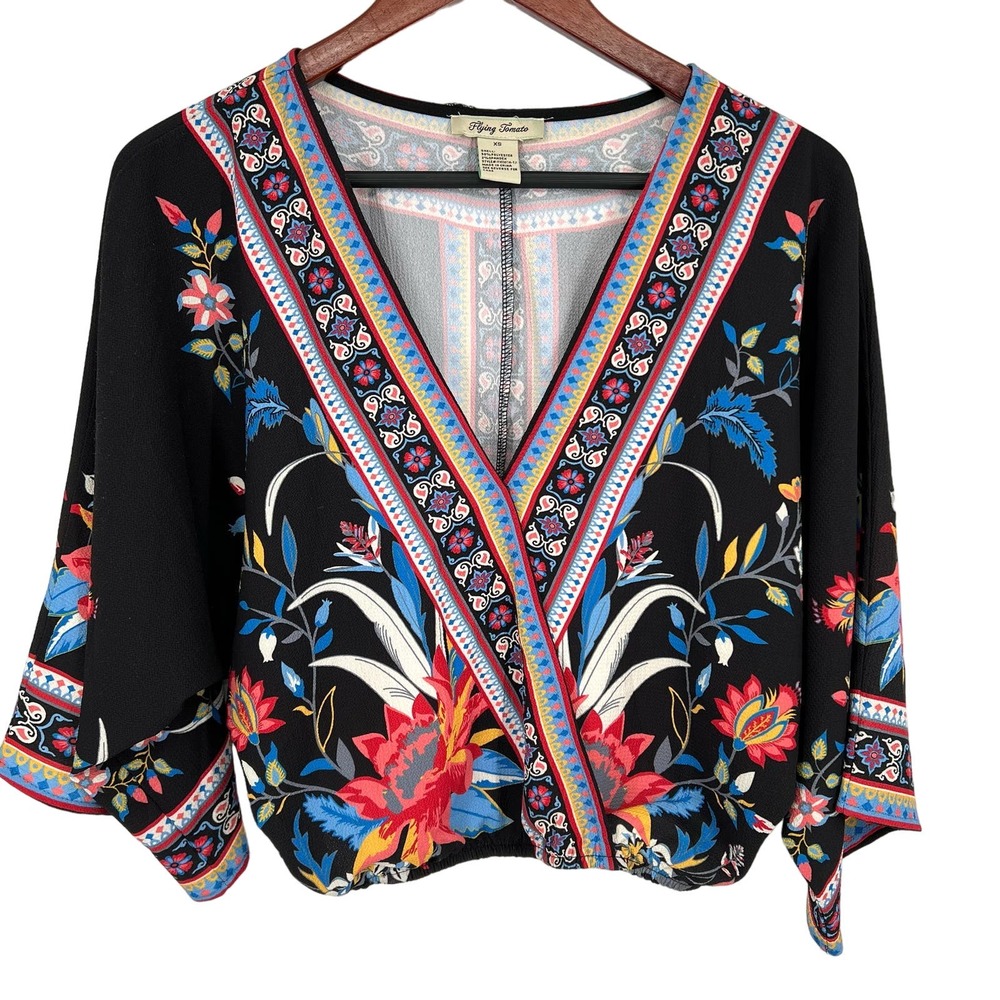 Flying Tomato Womens Sz XS Black Colorful Boho Bohemian Blouse Shirt Top Party